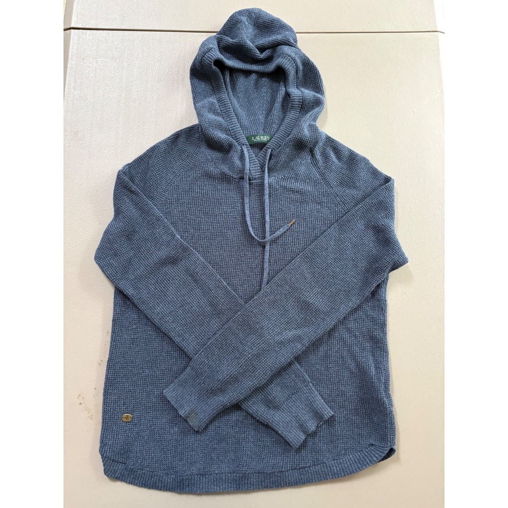 Lauren Ralph Lauren Blue Waffle Knit Cotton Hoodie Pullover Sweater Mens M